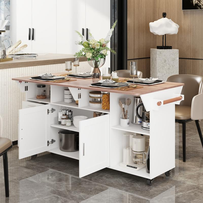 MIDHAM Kitchen Island 54" Large Rolling Kitchen Island Cart on Wheels with Drop Leaf Breakfast Bar Spice Towel Rack Mobile Island Table for Kitchen with Storage, Moveable Cabinet Drawer