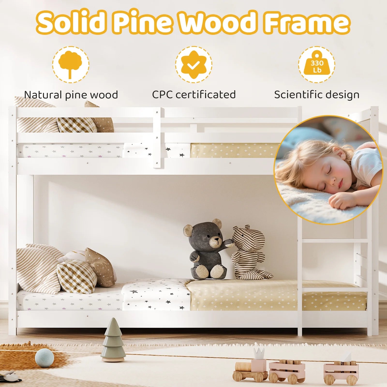 Zimtown Bunk Bed Twin over Twin,Kids Low Floor Bunk Bed with Guard Rails for Children Boys Girls Dormitory Bedroom,No Box Spring Needed,White