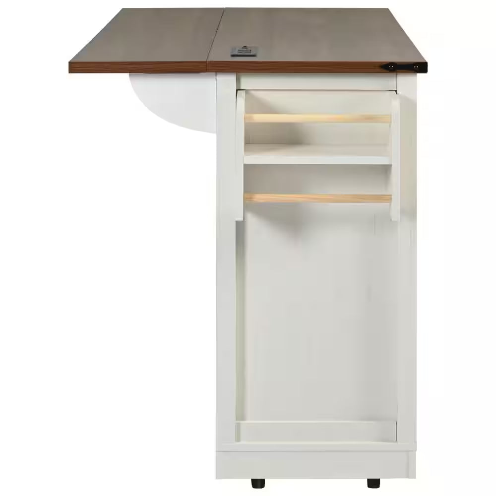 Wood 53.7 In. Kitchen Island with Power Outlet, 2-Sliding Barn Door, Drop Leaf and Wheels, White/Brown