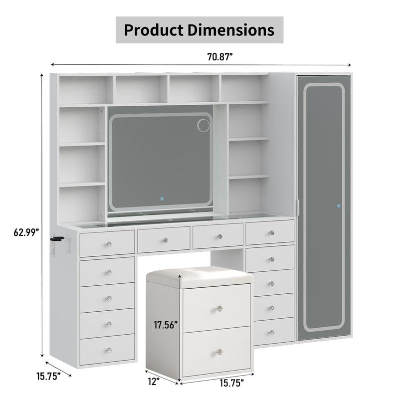 FUSOU 2-In-1 Vanity Desk with Full Length Mirror & LED Lighted Mirror, Makeup Vanity with Power Outlet, 14 Drawers, 10 Shelves, White