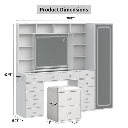 FUSOU 2-In-1 Vanity Desk with Full Length Mirror & LED Lighted Mirror, Makeup Vanity with Power Outlet, 14 Drawers, 10 Shelves, White