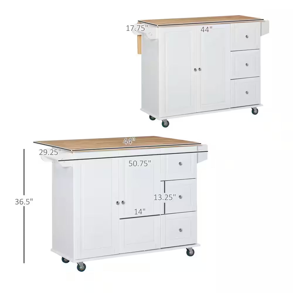 White Rolling Kitchen Island Cart – Mobile Storage Cabinet with 3 Drawers, Adjustable Shelf, Spice Rack & Towel Bar
