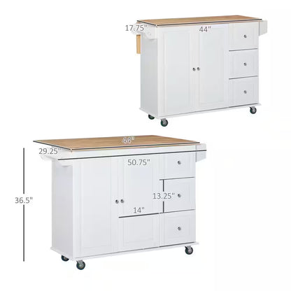 White Rolling Kitchen Island Cart – Mobile Storage Cabinet with 3 Drawers, Adjustable Shelf, Spice Rack & Towel Bar