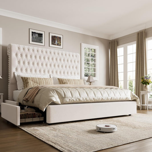 King Size Bed Frame 55" Tall Headboard with Gorgeous Button Tufted and Nail, ...