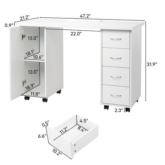 Manicure Table Nail Desk Workstation W/Cabinet, Drawers, Nail Salon Desk Beauty Spa Salon Home Wooden Technician Workstation Nail Art Equipment