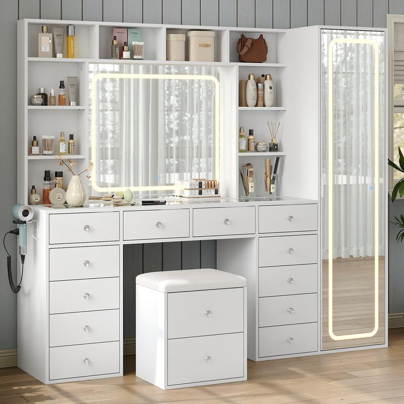 FUSOU 2-In-1 Vanity Desk with Full Length Mirror & LED Lighted Mirror, Makeup Vanity with Power Outlet, 14 Drawers, 10 Shelves, White