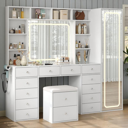 FUSOU 2-In-1 Vanity Desk with Full Length Mirror & LED Lighted Mirror, Makeup Vanity with Power Outlet, 14 Drawers, 10 Shelves, White