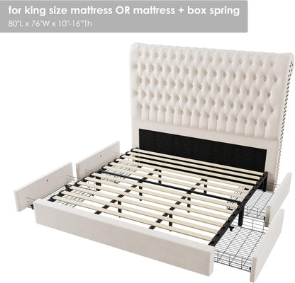 King Size Bed Frame 55" Tall Headboard with Gorgeous Button Tufted and Nail, ...