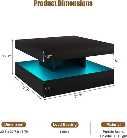 LED Coffee Table with Storage for Living Room Modern Smart Tall Square Center Table 2 Tier Display Shelf 20 Colors Light Wood