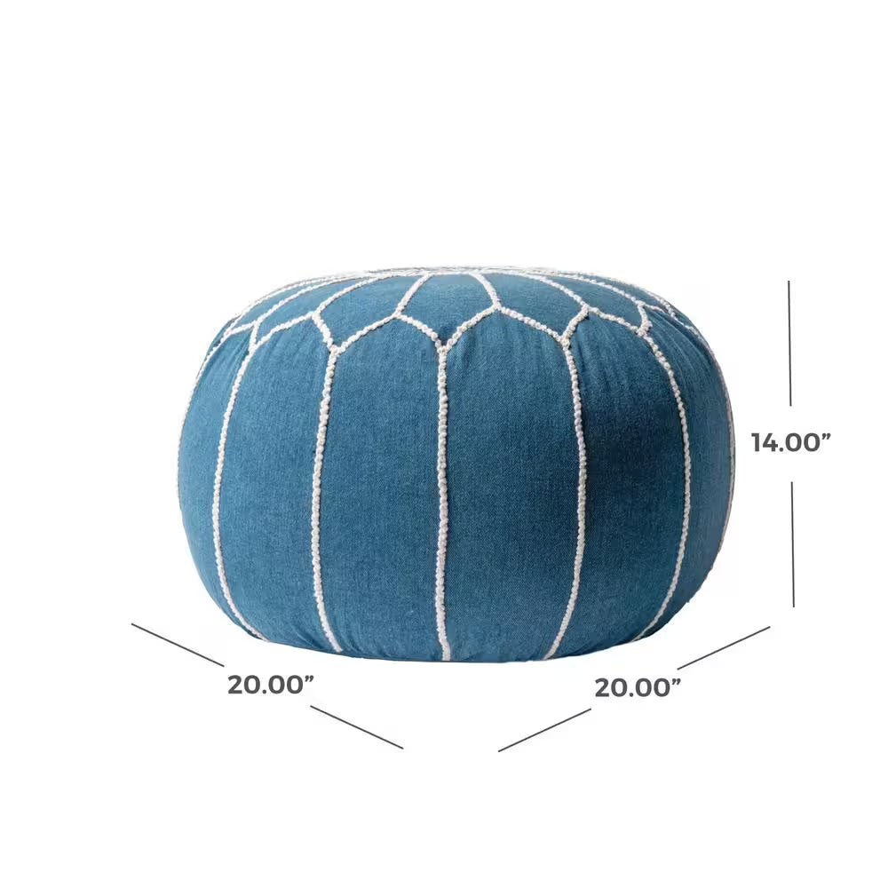 Elegant Round Blue Moroccan Cotton Ottoman Pouf