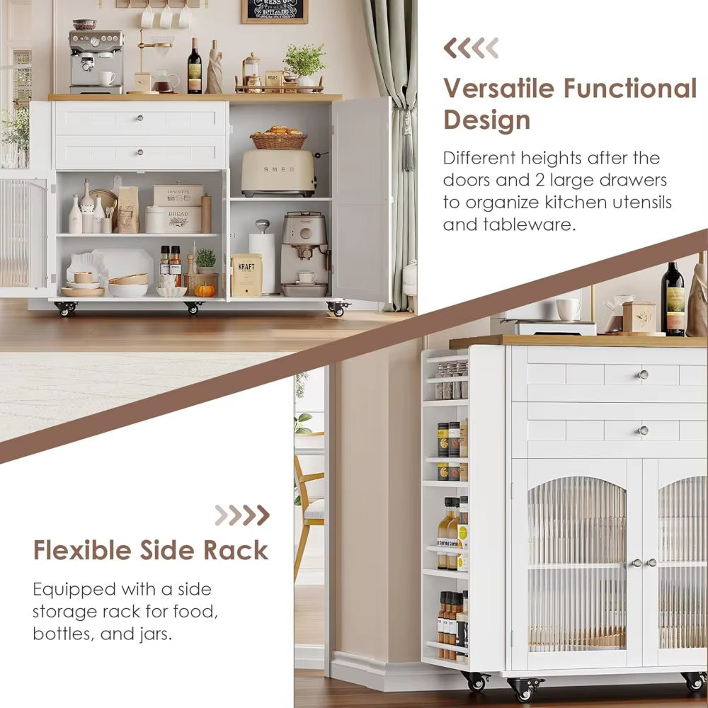 Kitchen Island with Storage, Rolling Kitchen Island on Wheels with Wood Drop Leaf Countertop, Island Table Bar Cart with Spice