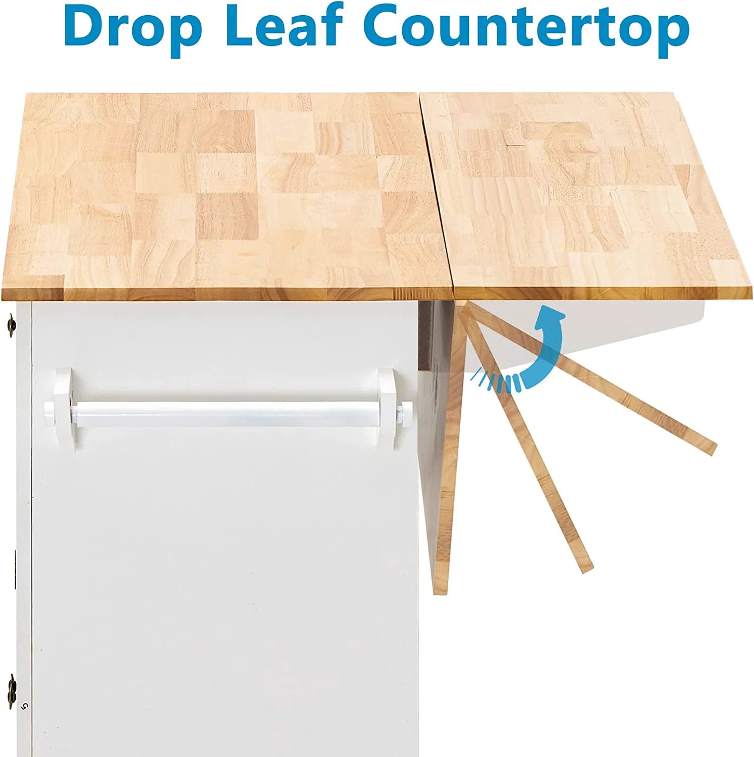 MSTG Tech 51.2” Drop-Leaf Kitchen Island – White MDF Storage Island with Adjustable Shelves, Expanding Countertop & Rolling Mobility