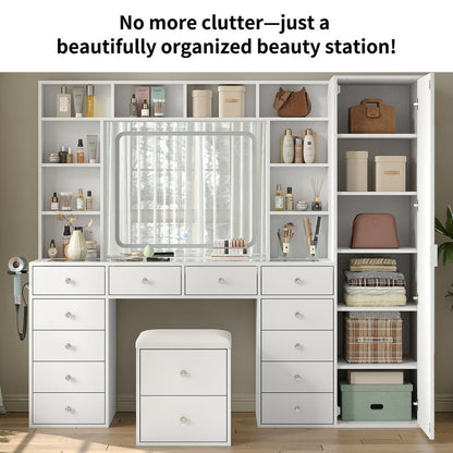 FUSOU 2-In-1 Vanity Desk with Full Length Mirror & LED Lighted Mirror, Makeup Vanity with Power Outlet, 14 Drawers, 10 Shelves, White