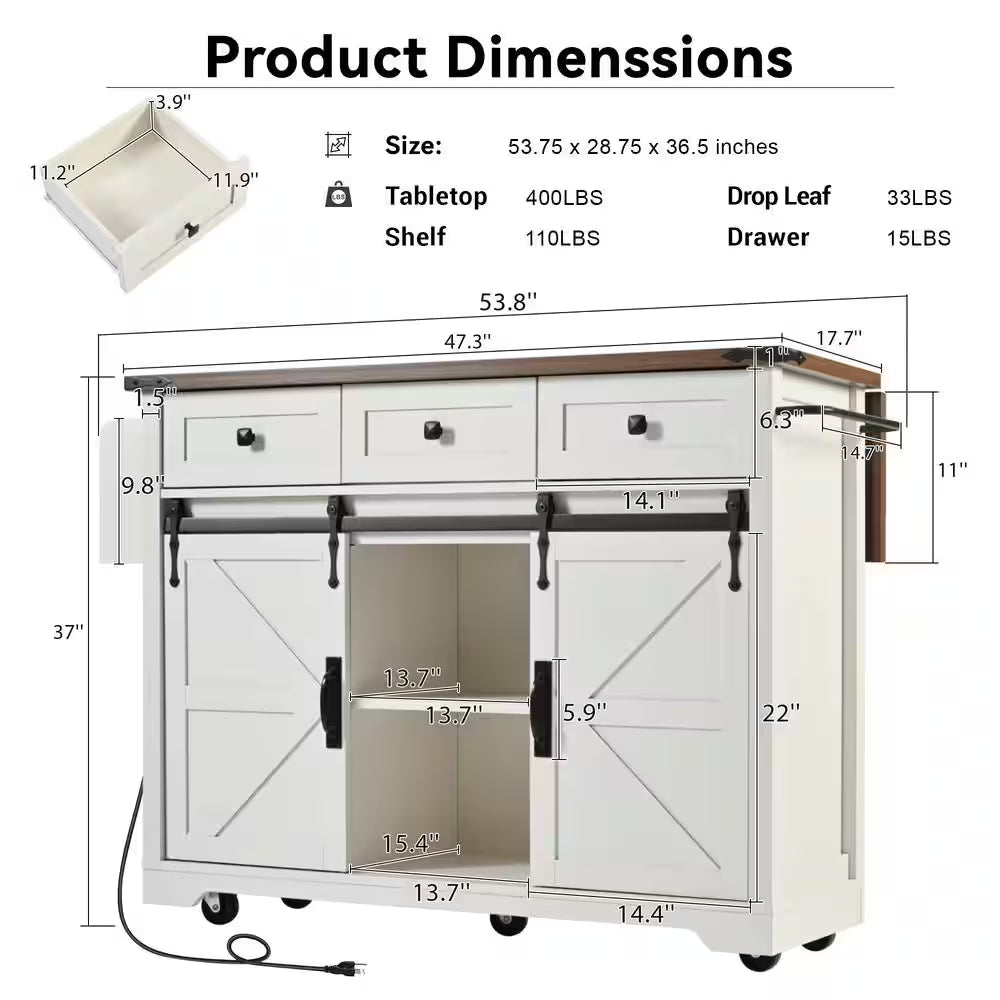 Wood 53.7 In. Kitchen Island with Power Outlet, 2-Sliding Barn Door, Drop Leaf and Wheels, White/Brown