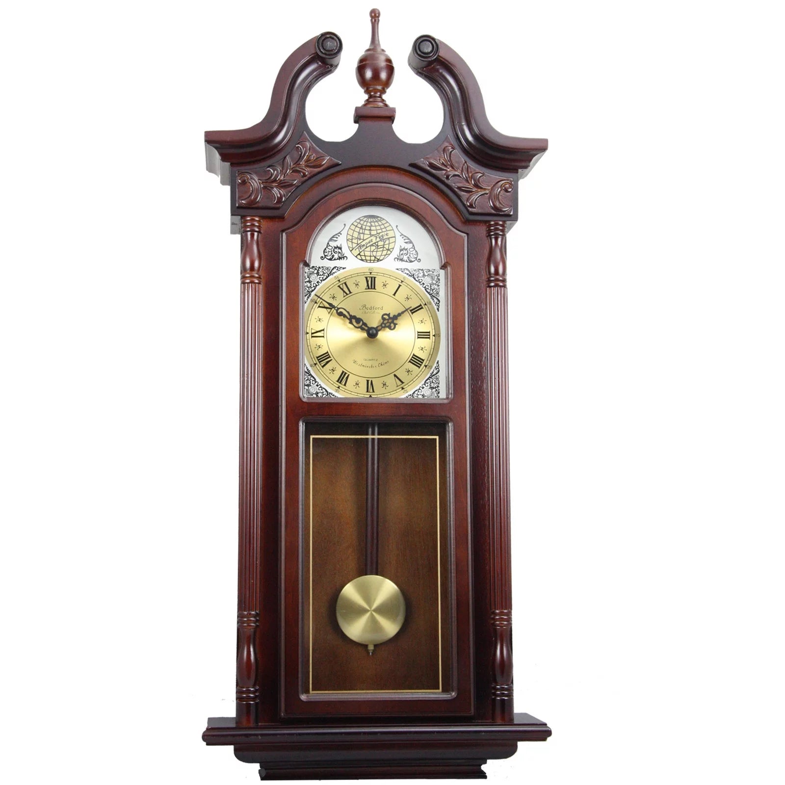 Bedford Clock Collection 38" Grand Antique Chiming Wall Clock with Roman Numerals in a in a Cherry Oak Finish