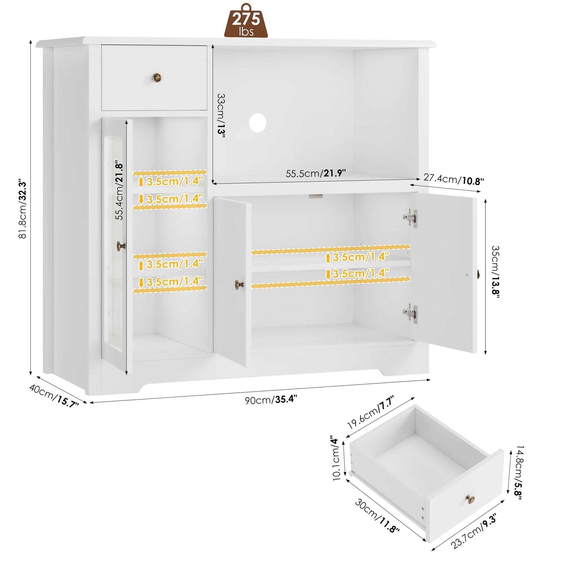 Microwave Cabinet with Hutch, Kitchen Pantry Cabinet Sideboard with Adjustable Shelves and Drawer for Dining Room, White