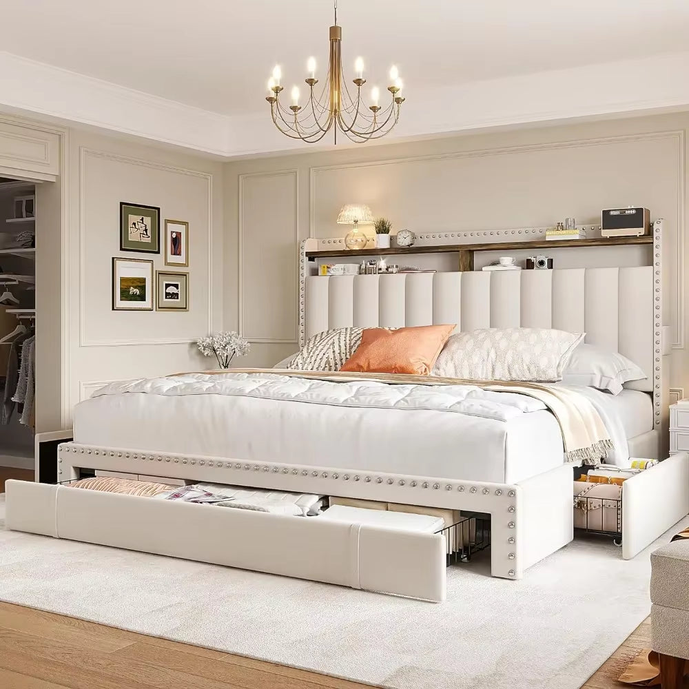 Full/Queen Bed Frame with 3 Drawers, Upholstered , with Headboard, with Storage, Easy Assembly, Full/Queen Bed Frame