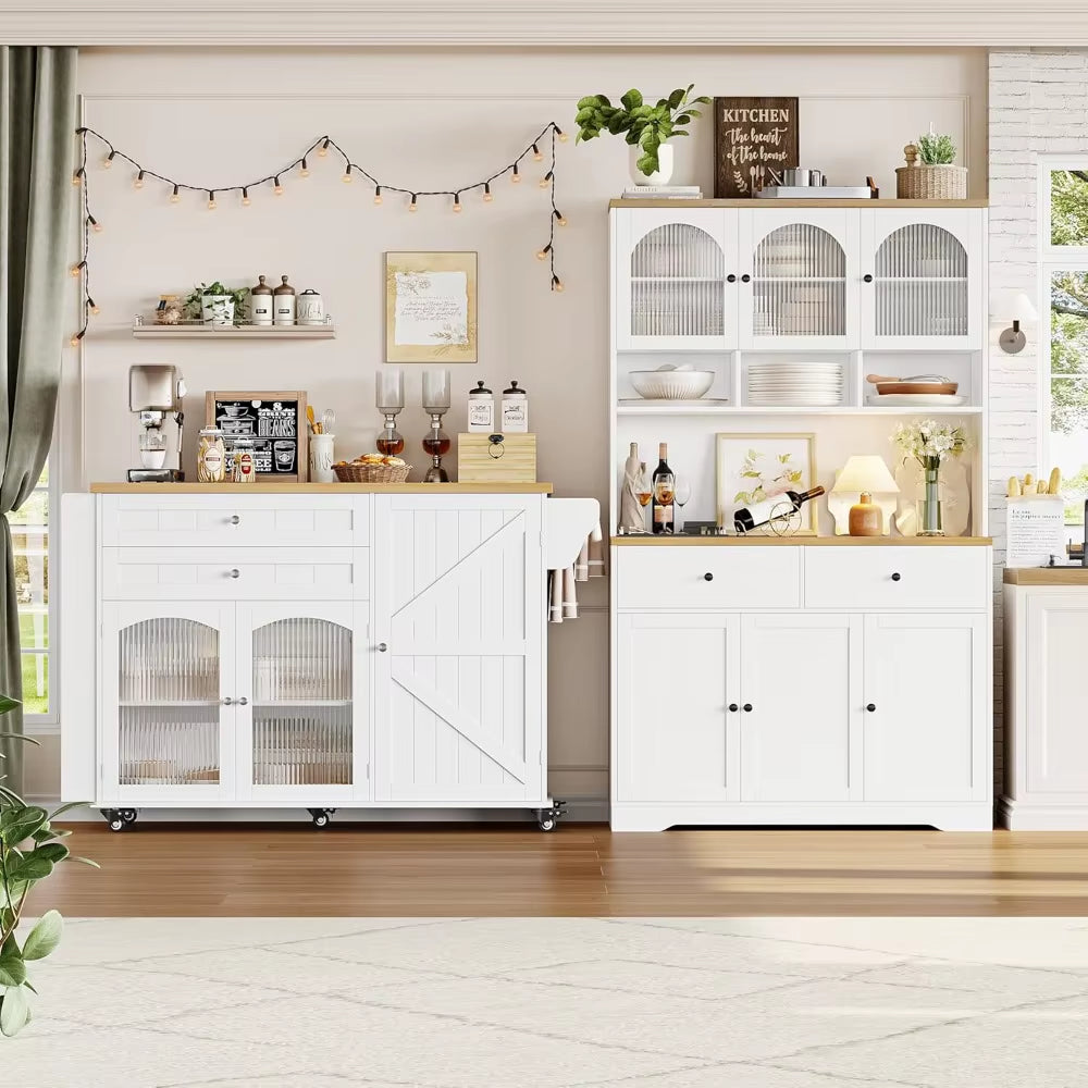 Kitchen Island with Storage, Rolling Kitchen Island on Wheels with Wood Drop Leaf Countertop, Island Table Bar Cart with Spice