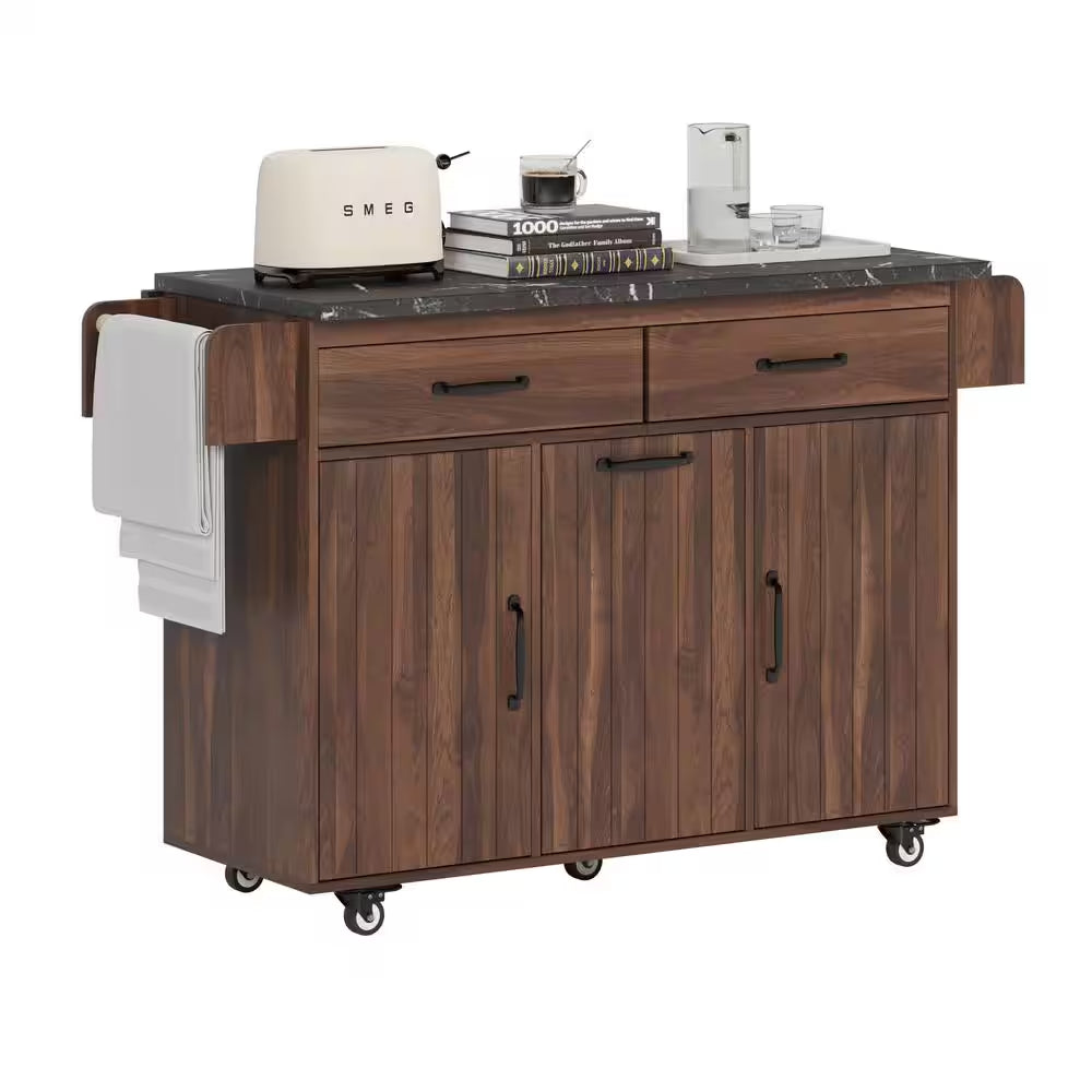 Wood 53.7 In. Kitchen Island with Power Outlet, 2-Sliding Barn Door, Drop Leaf and Wheels, White/Brown