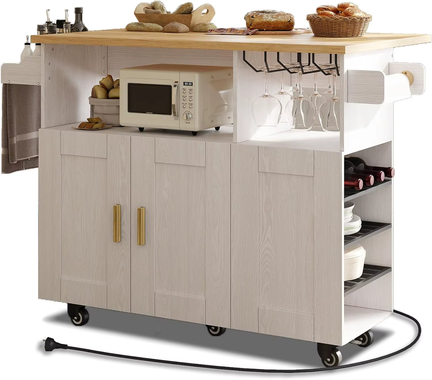 Rolling Mobile Kitchen Island Cart Bar with Desktop Drop Leaf Countertop, Island Table Storage with 5 Wheels, Kitchen Cabinet