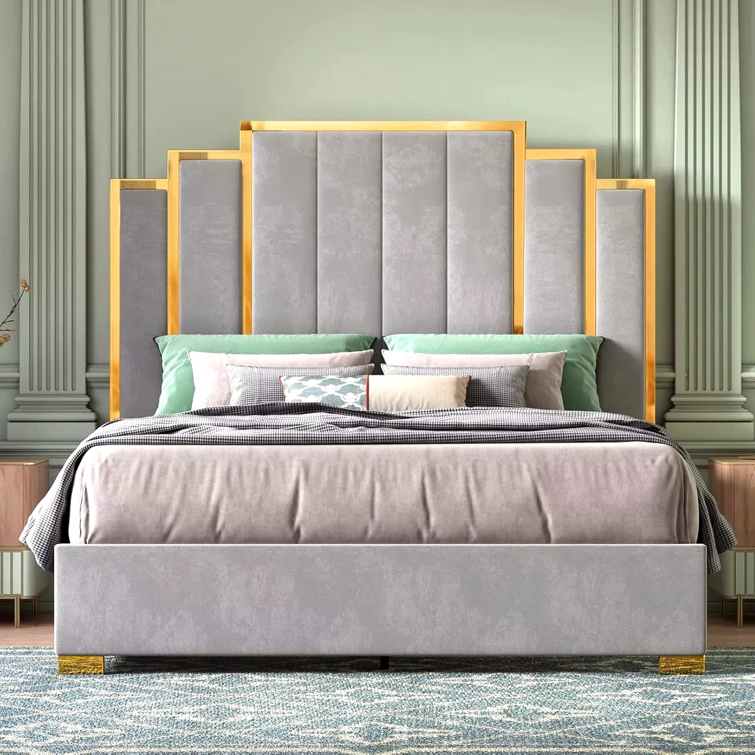 Queen Size Bed Frame and 61" Headboard Upholstered Bed with Golden Plating Trim Modern Platform Bed No Box Spring Needed