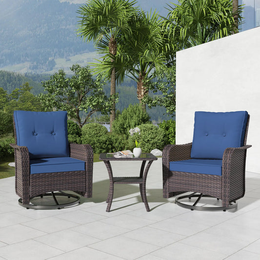 3-Piece Patio Furniture Set with Swivel Rocking Chairs & Table – Outdoor Rattan Porch Lounge Set