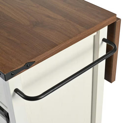 Wood 53.7 In. Kitchen Island with Power Outlet, 2-Sliding Barn Door, Drop Leaf and Wheels, White/Brown