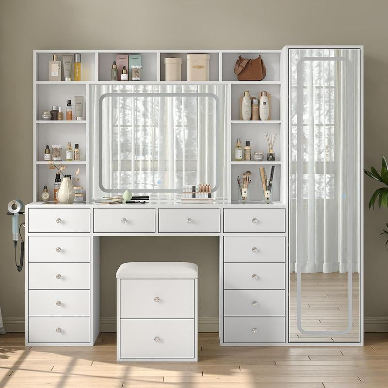 FUSOU 2-In-1 Vanity Desk with Full Length Mirror & LED Lighted Mirror, Makeup Vanity with Power Outlet, 14 Drawers, 10 Shelves, White