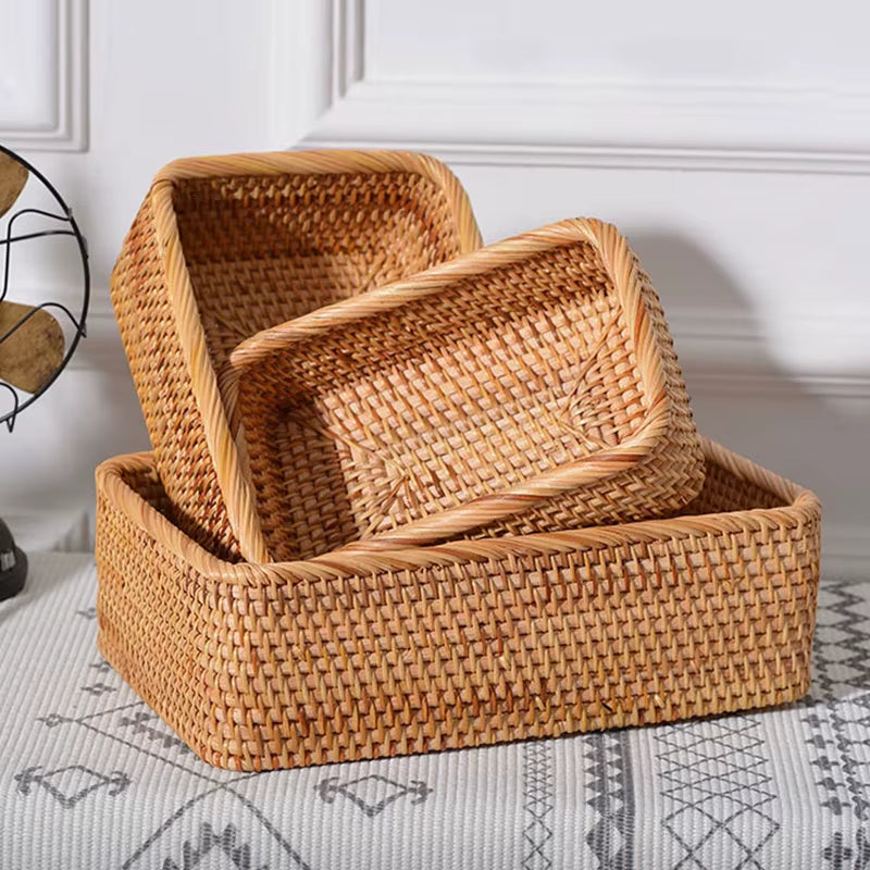 Rectangular Rattan Storage Baskets Handmade Woven Nesting Wicker Baskets for Decor Fruit Tray and Snack Storage Box