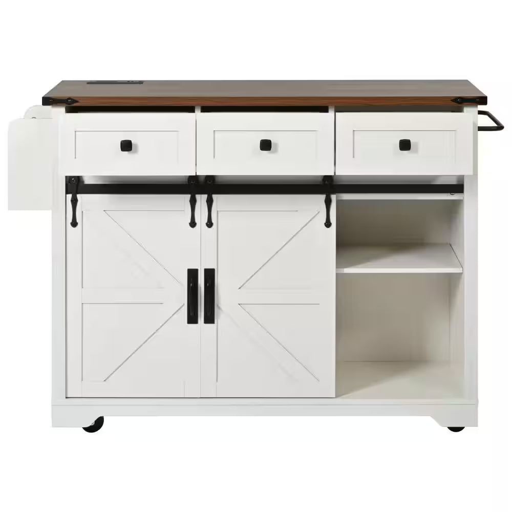 Wood 53.7 In. Kitchen Island with Power Outlet, 2-Sliding Barn Door, Drop Leaf and Wheels, White/Brown
