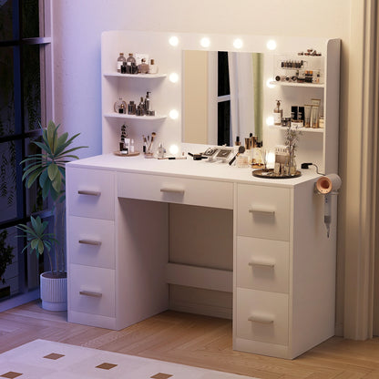 Makeup Vanity Table with Lighted Mirror, Power Outlet, 7 Drawers and 6 Storage Shelves, White Bedroom Vanity Desk