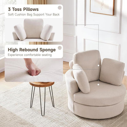 39" Swivel Accent Barrel Chairs with Removable Headrest, Chaise Lounge Indoor with Neck Support Pillow, Swivel Chairs for Living Room, Oversized Chair with Ottoman, Beige