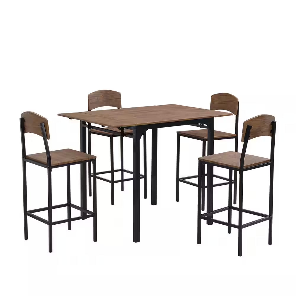 5-Piece Drop Leaf Rectangle Brown Wood Top Black Dining Room Set Seats 4