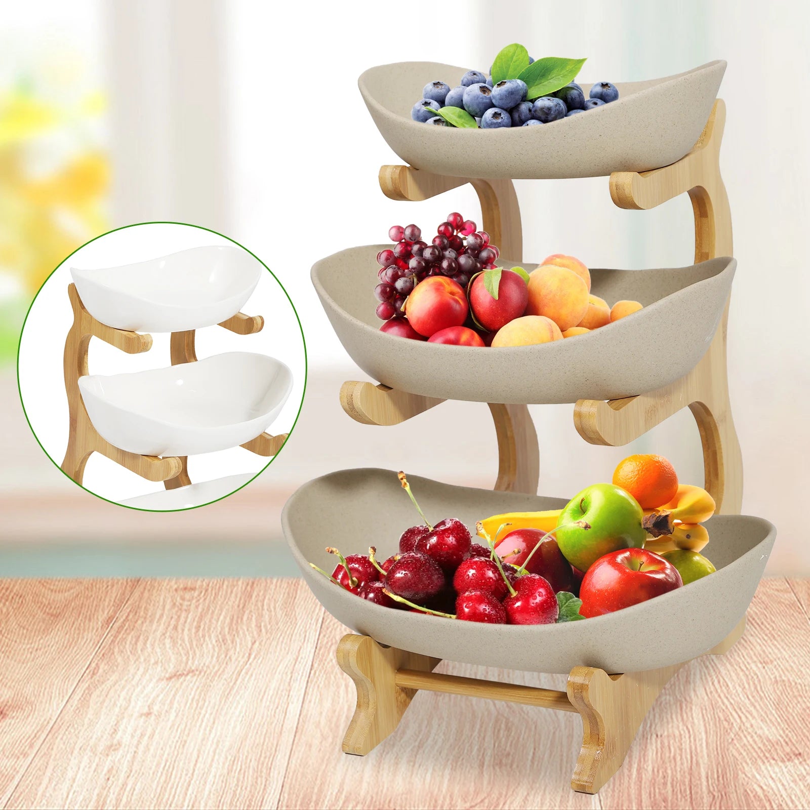 3 Layer Multi-Layer Ceramic Fruit Plate Bamboo Wooden Frame Household Basket Bowl Holder Vegetables Storage Kitchen Organizer