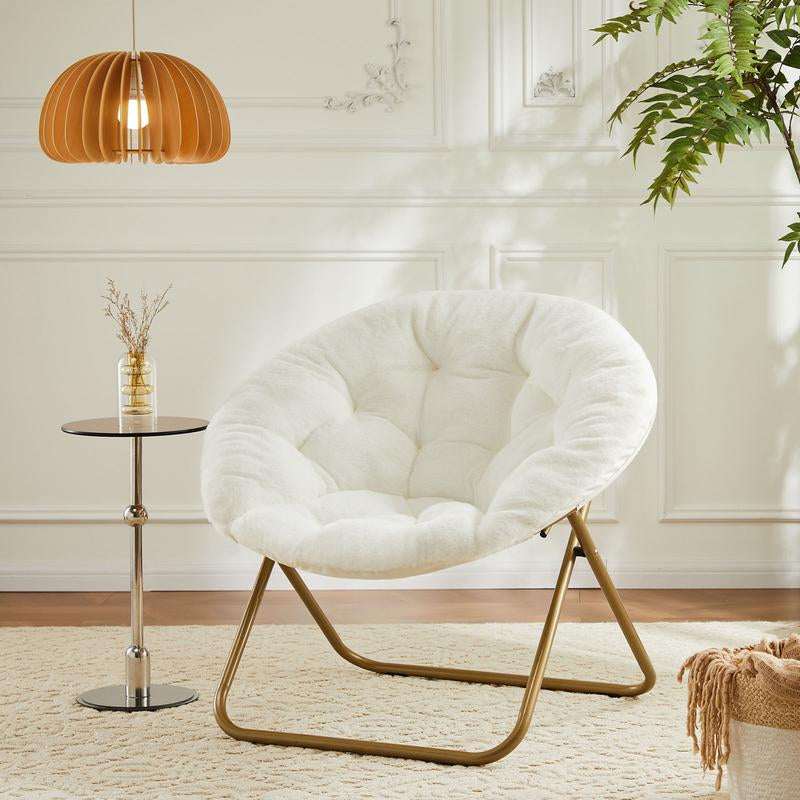 Cozy Saucer Chairs Faux Fur Living Room Reading Lounge Furniture Folding Comfy with Soft Thick Padded Seat Metal Frame Modern Style for Bedroom Home