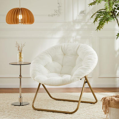 Cozy Saucer Chairs Faux Fur Living Room Reading Lounge Furniture Folding Comfy with Soft Thick Padded Seat Metal Frame Modern Style for Bedroom Home