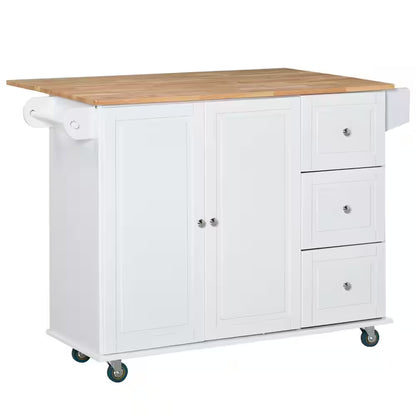 White Rolling Kitchen Island Cart – Mobile Storage Cabinet with 3 Drawers, Adjustable Shelf, Spice Rack & Towel Bar