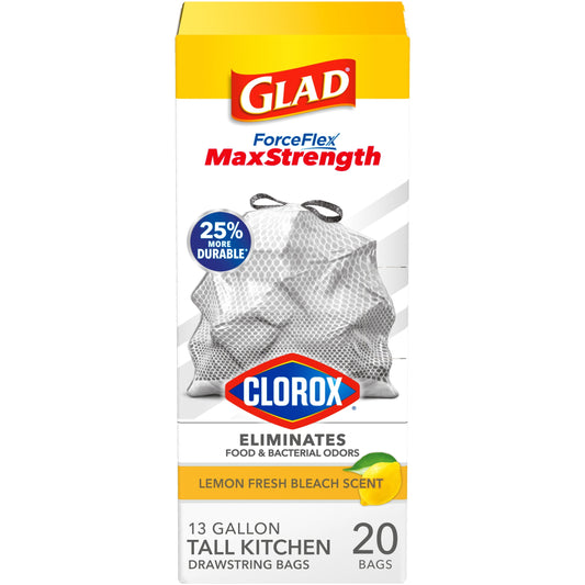 Forceflex Maxstrength with Clorox 13 Gallon Kitchen Trash Bags, Lemon Fresh Bleach, 20 Bags