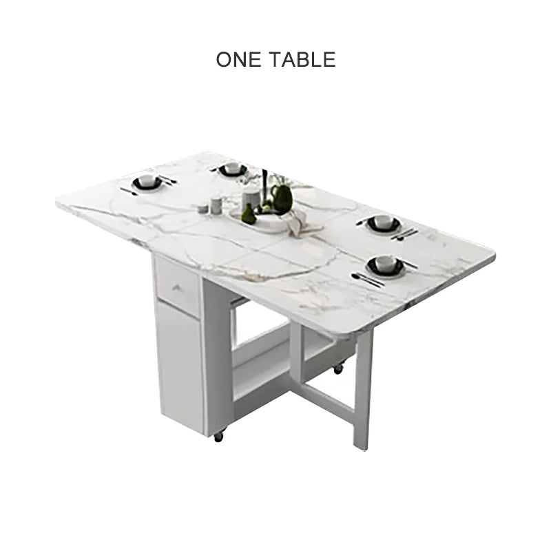 Multifunctional White Rectangle Folding Dining Table Set with Integrated Storage & 4 Chairs