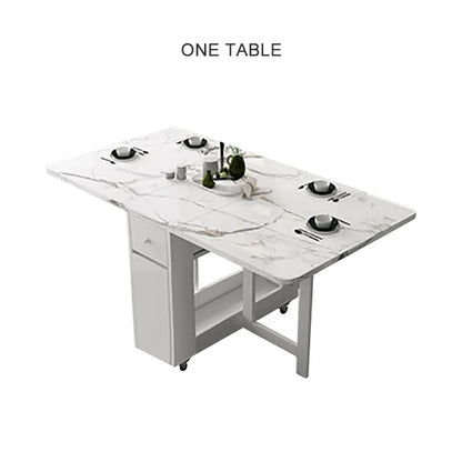 Multifunctional White Rectangle Folding Dining Table Set with Integrated Storage & 4 Chairs