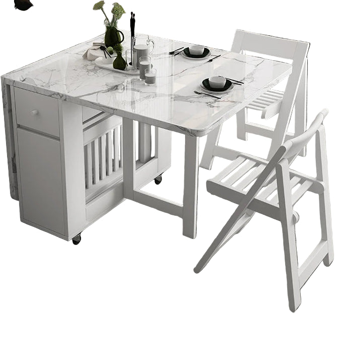 Multifunctional White Rectangle Folding Dining Table Set with Integrated Storage & 4 Chairs