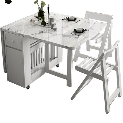 Multifunctional White Rectangle Folding Dining Table Set with Integrated Storage & 4 Chairs