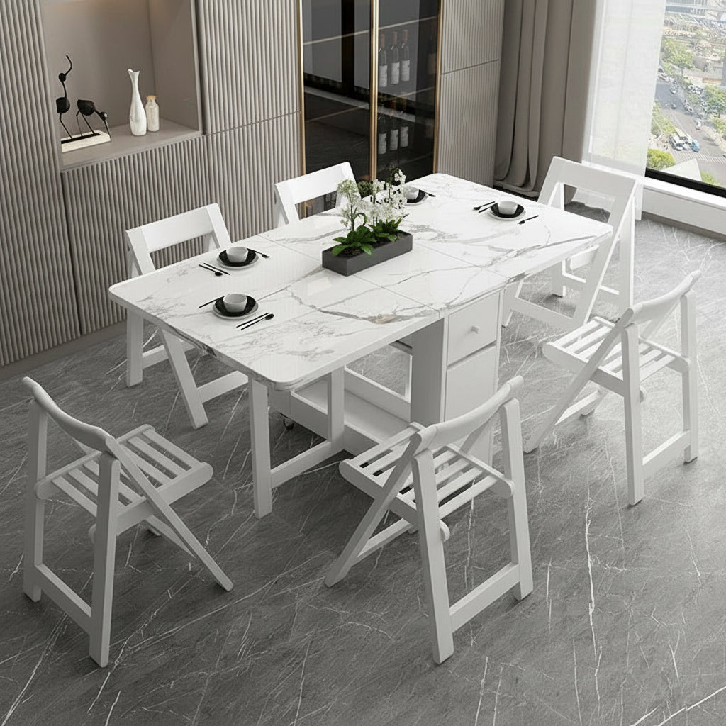 Multifunctional White Rectangle Folding Dining Table Set with Integrated Storage & 4 Chairs