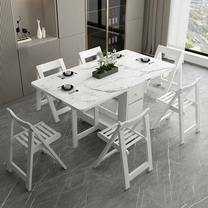 Multifunctional White Rectangle Folding Dining Table Set with Integrated Storage & 4 Chairs