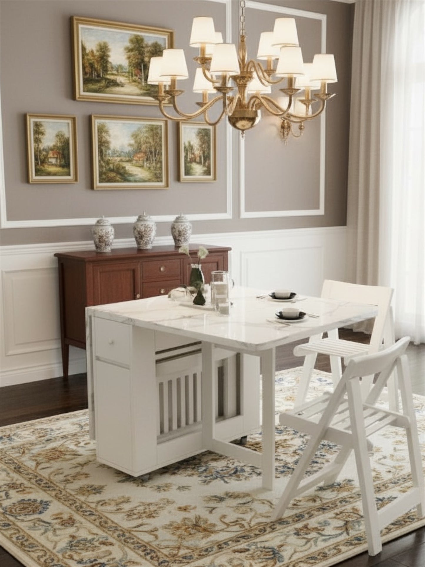 Multifunctional White Rectangle Folding Dining Table Set with Integrated Storage & 4 Chairs