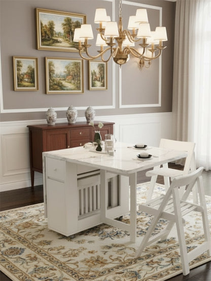 Multifunctional White Rectangle Folding Dining Table Set with Integrated Storage & 4 Chairs