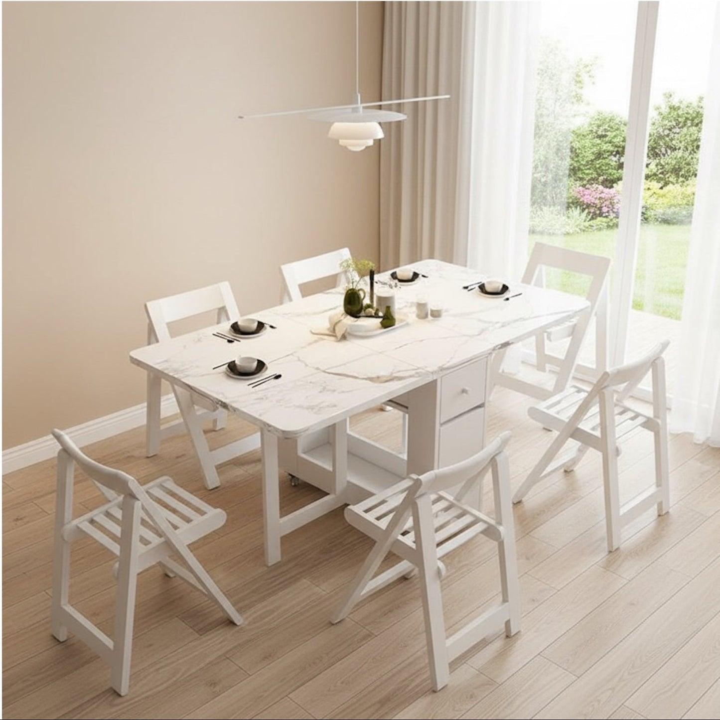 Multifunctional White Rectangle Folding Dining Table Set with Integrated Storage & 4 Chairs