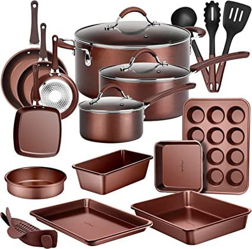 20-Piece Nonstick Cookware & Bakeware Set, PFOA/PTFE/PFOS-Free, Heat-Resistant Silicone Handles, Brown