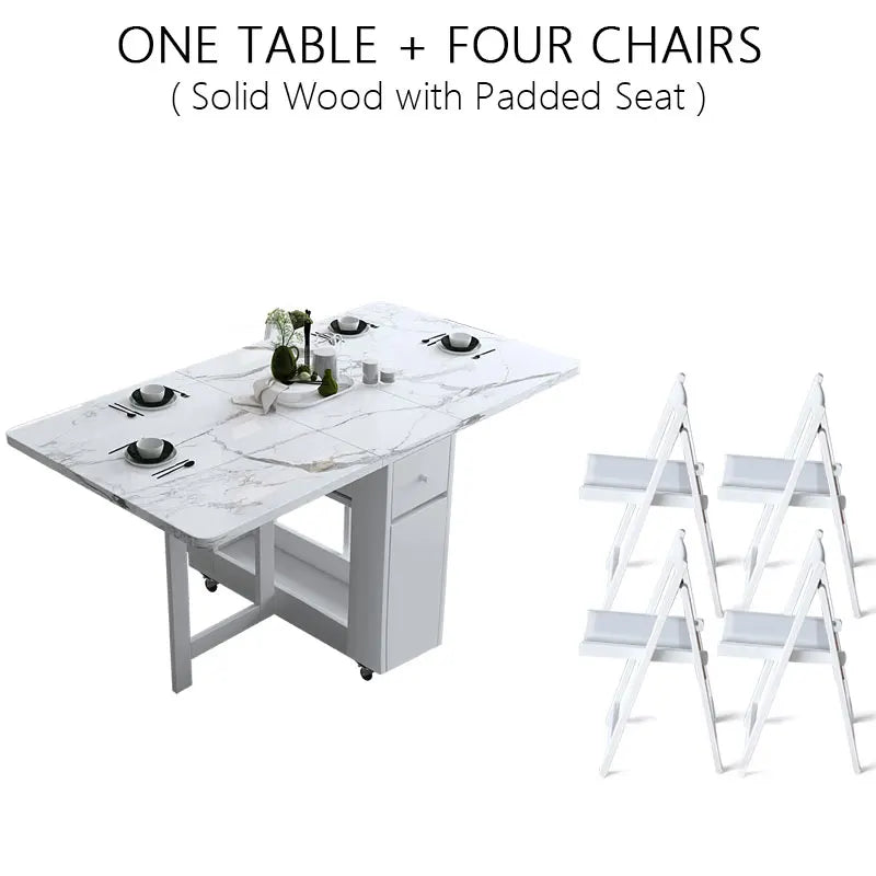 Multifunctional White Rectangle Folding Dining Table Set with Integrated Storage & 4 Chairs
