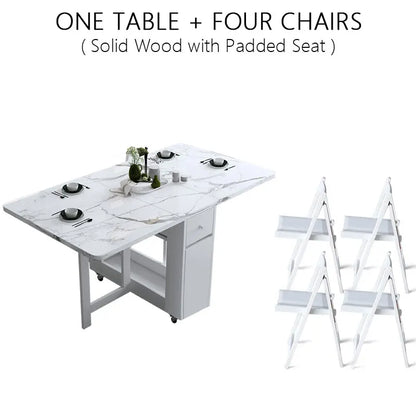 Multifunctional White Rectangle Folding Dining Table Set with Integrated Storage & 4 Chairs